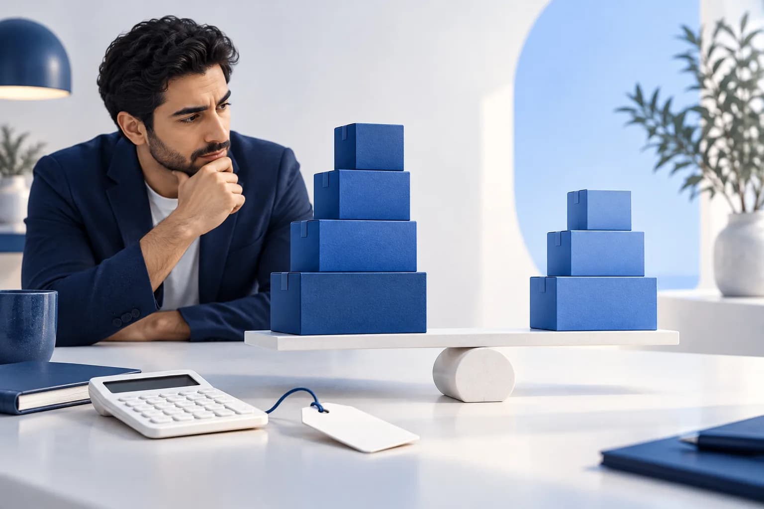 تصویر مفهومی مدیر کسب‌وکار در حال مقایسه دو دسته جعبه آبی روی ترازوی سفید برای بررسی حجم فروش و پوشش هزینه‌ها