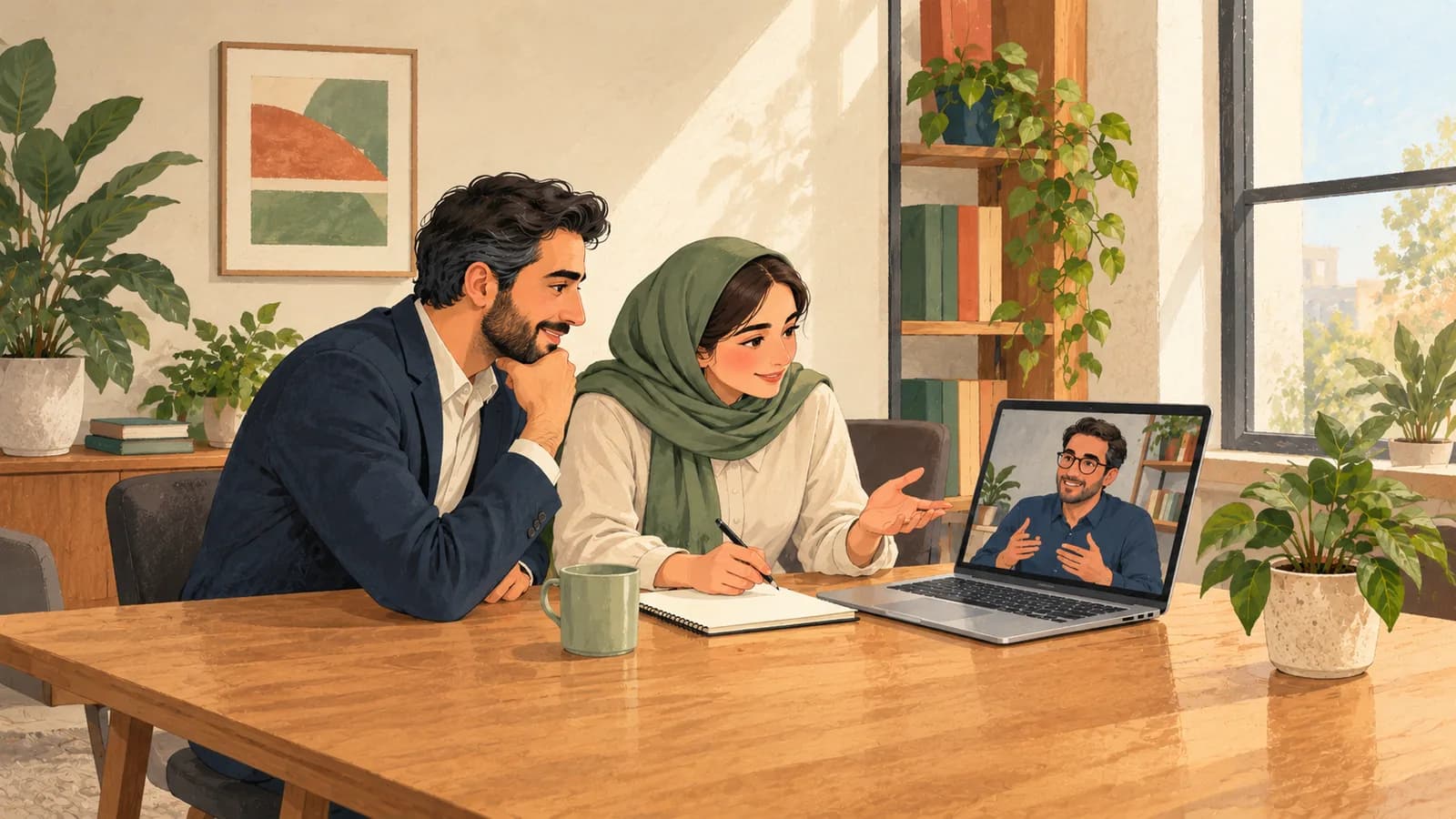 تصویرسازی دو همکار در دفتر که با حسابدار بیرونی از طریق تماس تصویری روی لپتاپ گفتوگو میکنند